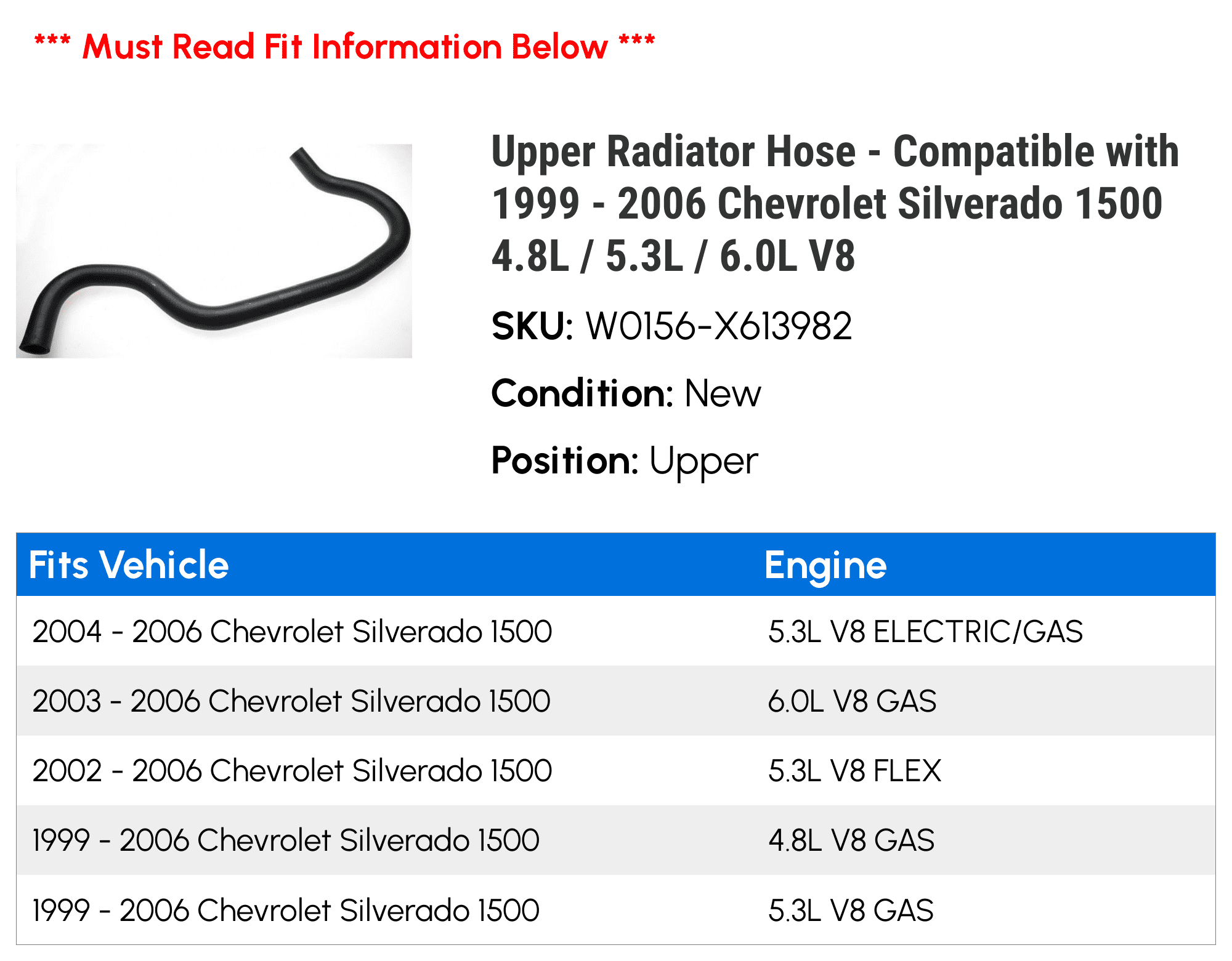 For 1999-2006 Chevrolet Silverado 1500 Radiator Hose Upper 38864HQ 2004 2003