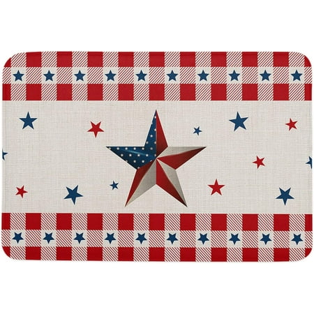 

Independence Day Door Mat Anti-Skid Welcome Mat Absorbent Floor Mat Front Doormat for Kitchen Bathroom Entryway Patio High Traffic Areas Rustic Stars and Red White Plaid 20x32 Inch