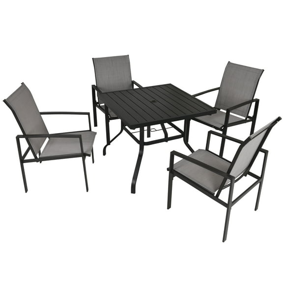Outsunny 5pc Patio Garden Table Set Outdoor Furniture Dining Set w/ Metal Slat Finish and 1.75" Umbrella Hole for Backyard Porch, Grey