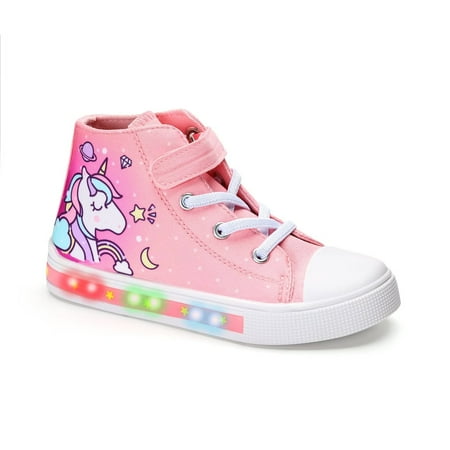 Kids Toddler Light Up Sneakers Girls Boys Easy Fasten Canvas Shoes Unisex-Child High Top Casual Walking Shoes  Pink Unicorn Big Kid Size 2