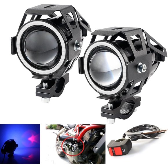 HAHDAXIA Motorcycle Headlights LED U7 DRL Fog Driving Running Light with Angel Eyes Lights Ring Front Spotlight Strobe Flashing Blue Light and Switch(2PCS,Blue Halo)