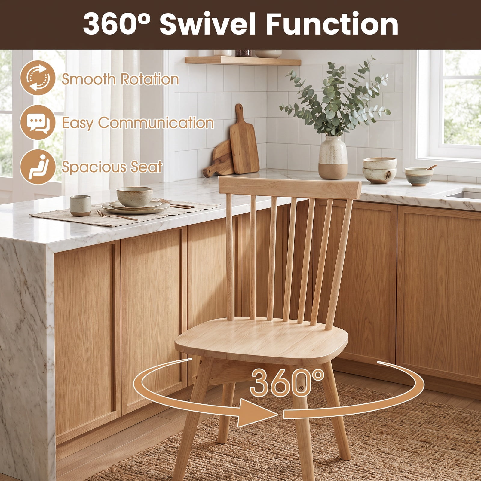 Furnibear Windsor Dining Chairs Set of 2 Mid Century Rubber Wood Kitchen Chairs with Swivel Seat for Kitchen Dining Room Living Room Home, Natural