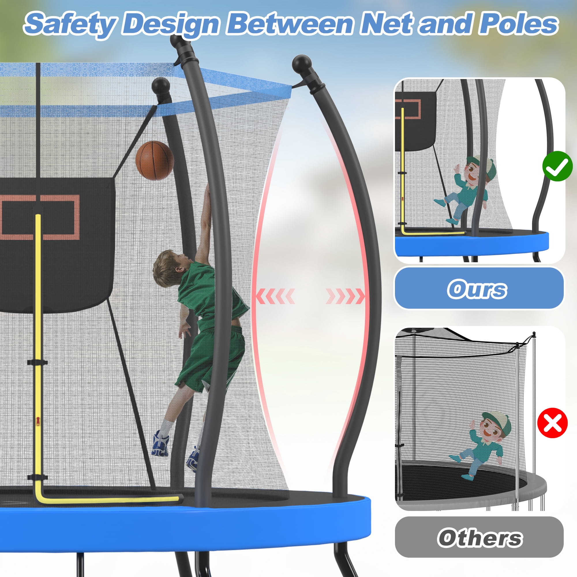 EUROCO 8FT Trampoline with Basketball Hoop & Ladder, Outdoor Trampoline for Kids