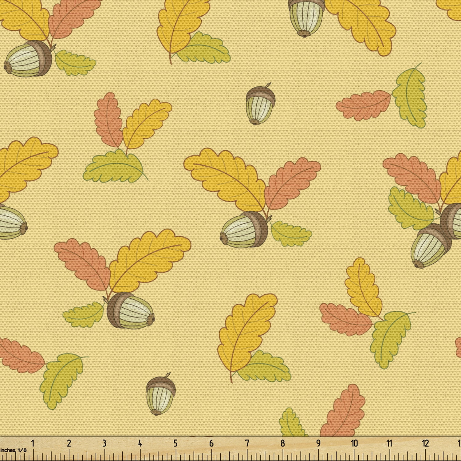 Autumn Fabric by the Yard, Fall Season Theme Yellowish Oak Tree Leaves
