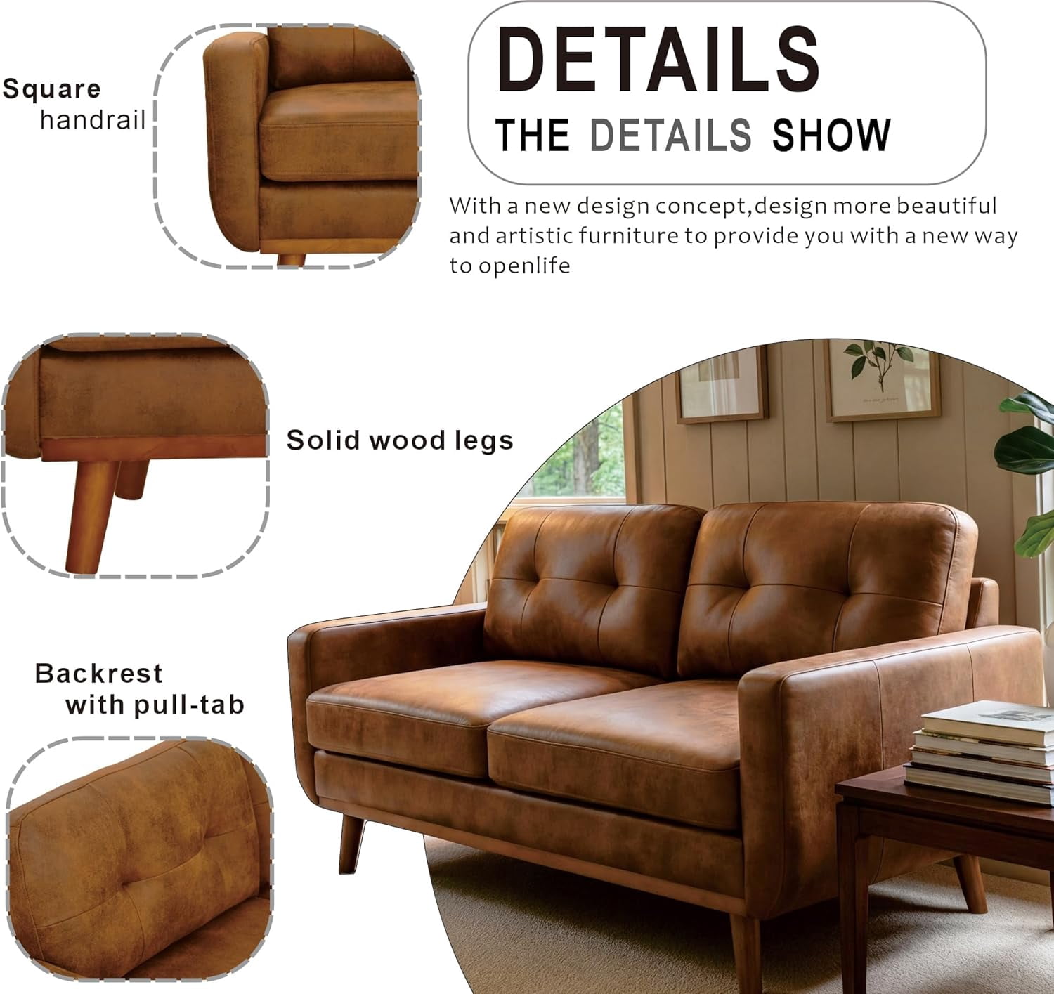 MOONMISS 65" Loveseat Couch, Modern Small Sofa With Walnut Wood Legs 2-seater Fabric Upholstered Mini Sofa Couches For Small Space,living Room Bedroom Office Dorm Apartment,Brown