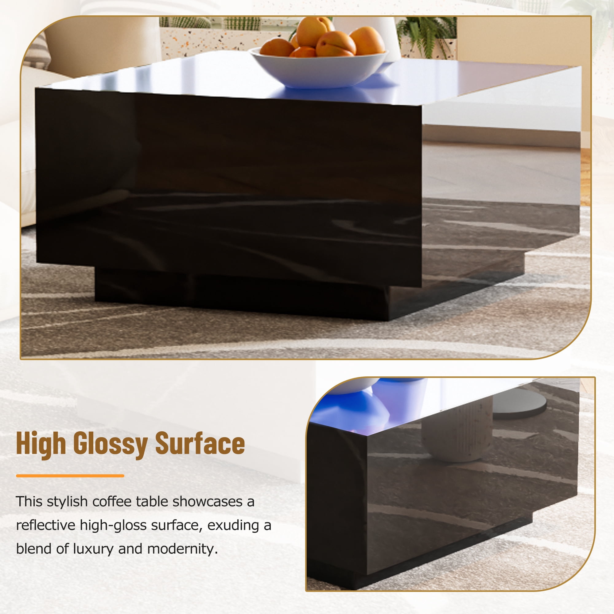 MAYEERTY Square High Glossy Coffee Table with 16-Color LED Strip Lights, Modern Center Table with 5mm Frosted Tempered Glass Top for Living Room, Black, 27.5*27.5in