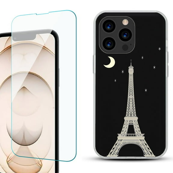 Slim-Fit Anti-Scratch Gel TPU Phone Case for iPhone 13 Pro, with Tempered Glass Screen Protector, by OneToughShield ® - Eiffel Tower Moon
