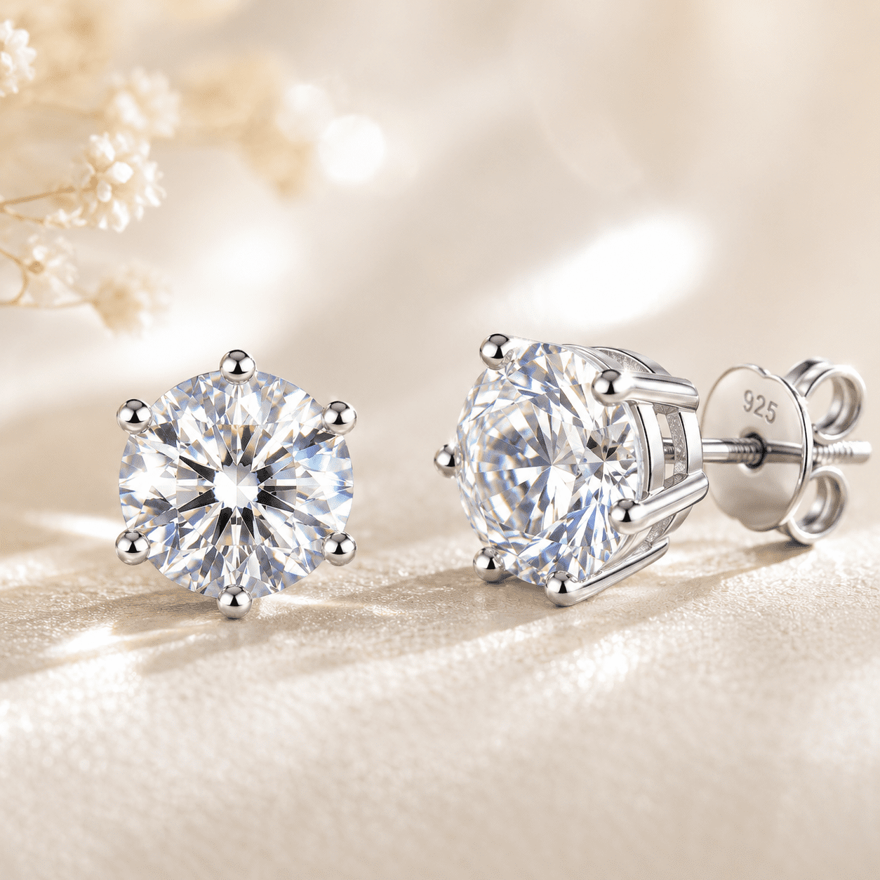 MOONELLE 3Ct Round Cut Moissanite Stud Earrings for Women, 925 Sterling Silver, White Gold Plated