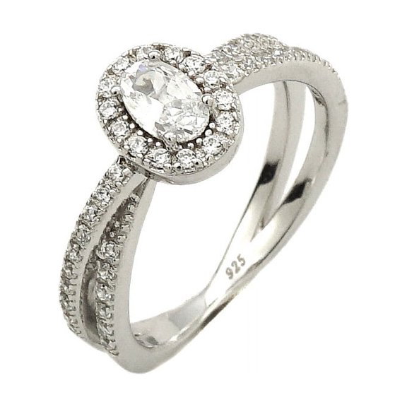 0.5 Oval Cut Solitaire w/Accent Engagement Ring Rhodium over Silver w/CZ (SIZE: 6)