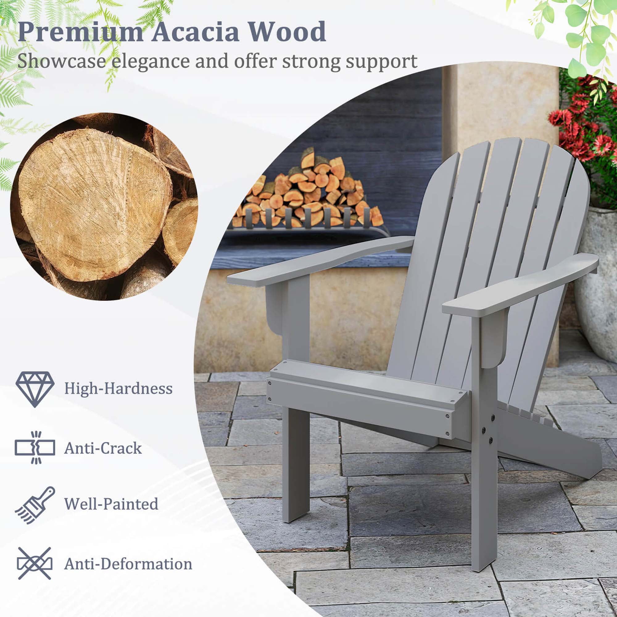 Costway Patio Adirondack Chair with Inclined Seat High Backrest & Wide Armrests Gray