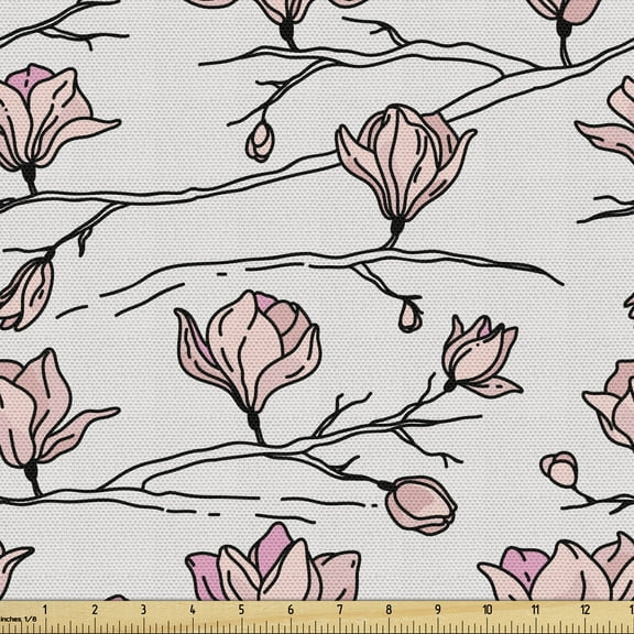 Magnolia Sofa Upholstery Fabric by the Yard, Simplistic Design of Linear Hand Drawn Blooming Flowers, Decorative Fabric for DIY Home Accents, 10 Yards, Pale Peach Pale Pink by Ambesonne