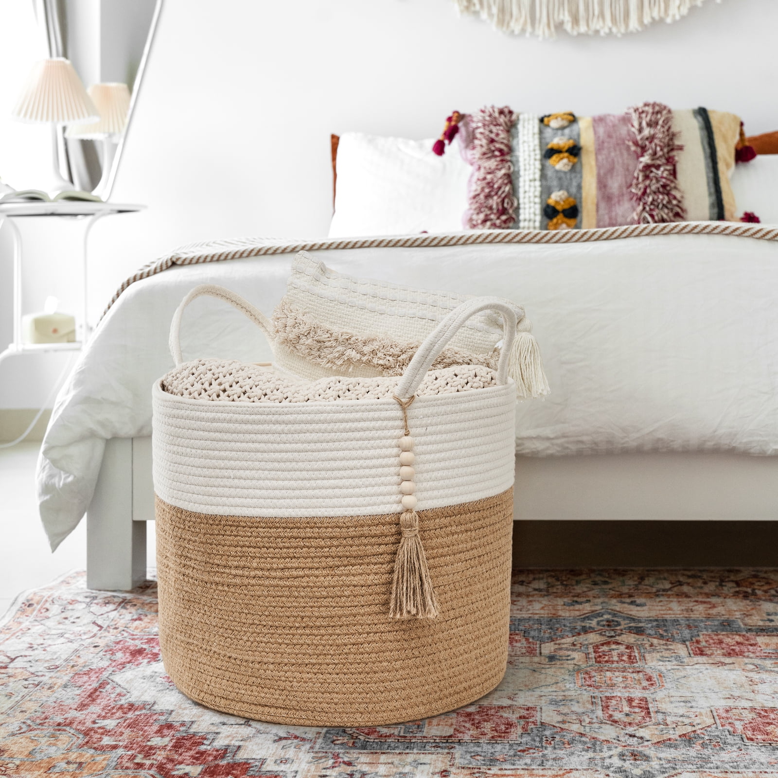 Mkono Woven Storage Basket with Decorative Bead Organizer Bin with Handles for Blankets Toys Clothes, 16"x 13.8"