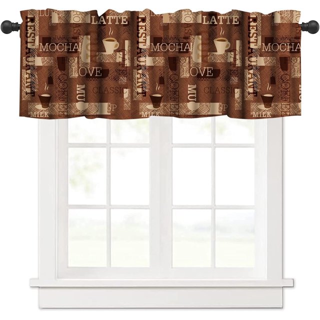 Coffee Kitchen Curtains, Cafe Coffee Theme Valance for Kitchen Windows, Tea Party Coffee Bean Print Small Short Curtains Window Treatments Valance for Kitchen Cafe, 54x18 Inch, 1 Panel