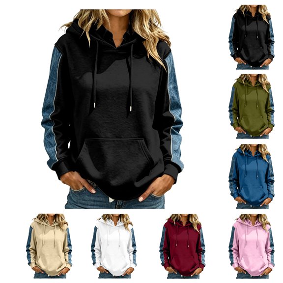 Qiggri Women's Oversized Embroidered Hoodies 2026 Sweatshirts Long Sleeve Pullover with Kangaroo Pocket Stripe Side Patchwork Tops Casual Fall Winter Outfits L