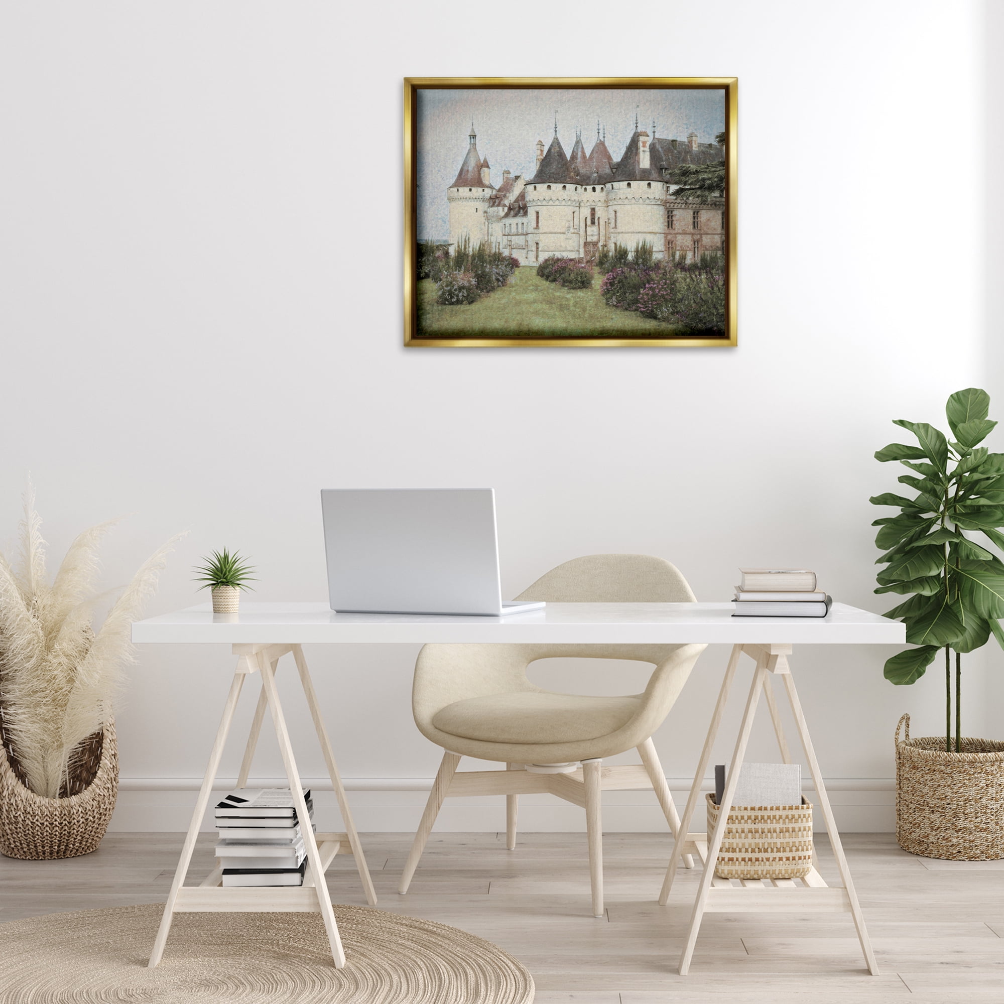 Stupell Industries French Castle Landmark Buildings & Architecture Painting Gold Floater Framed Canvas Art Print Wall Art, 31 x 25