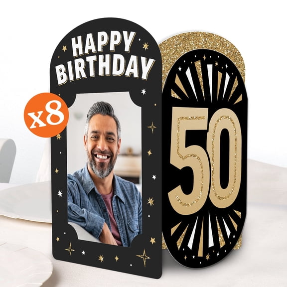 Big Dot of Happiness 50th Birthday Photo Holder Centerpieces, 4x6 Picture Display Box, Black & Gold Table Decoration Centerpiece for Adult Birthday Party Decor, 8 Count