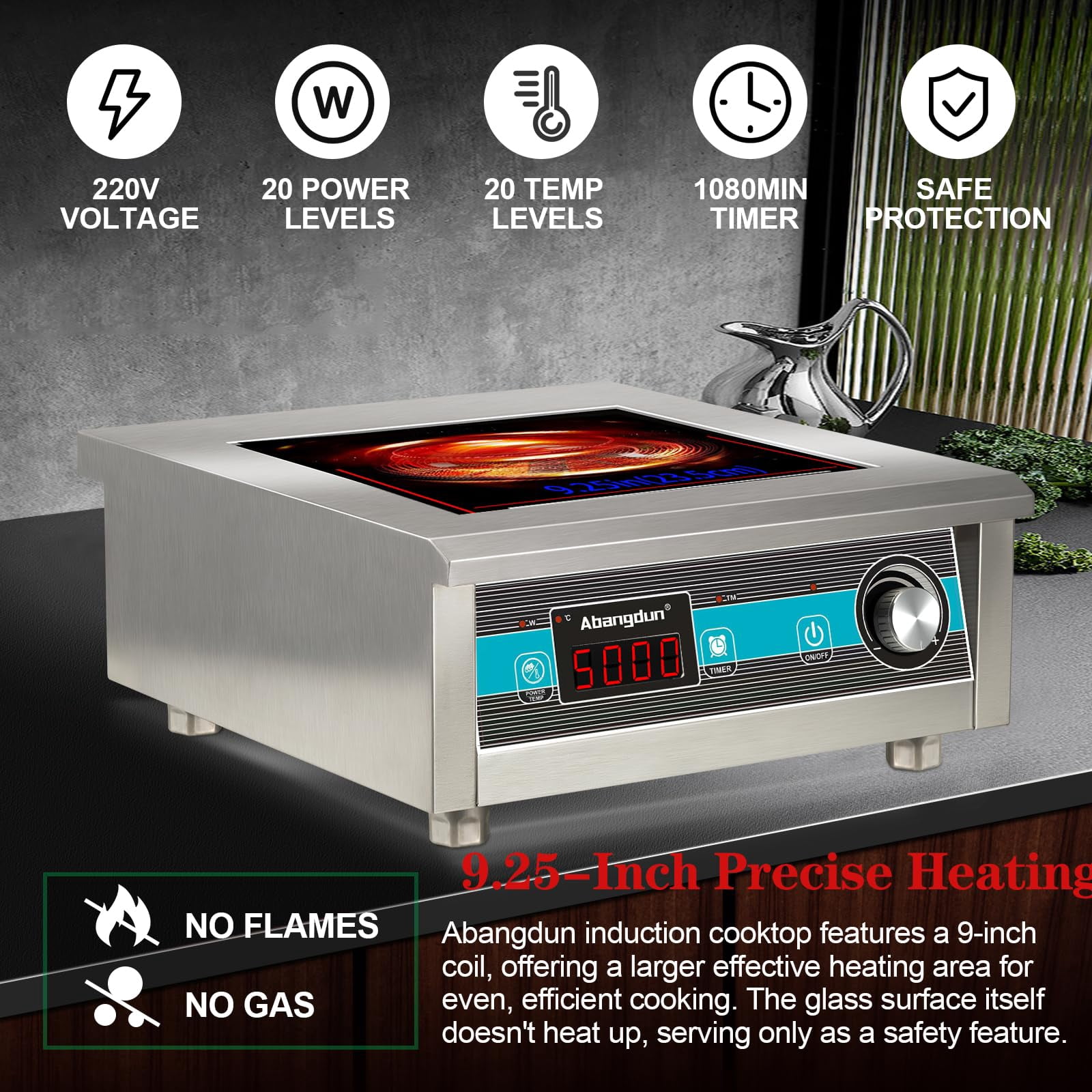 Abangdun Induction Cooktop 5000W/190V~275V 2026 New Commercial Grade Range Countertop Burners 18 Hours Timer Hot Plate for Kitchen
