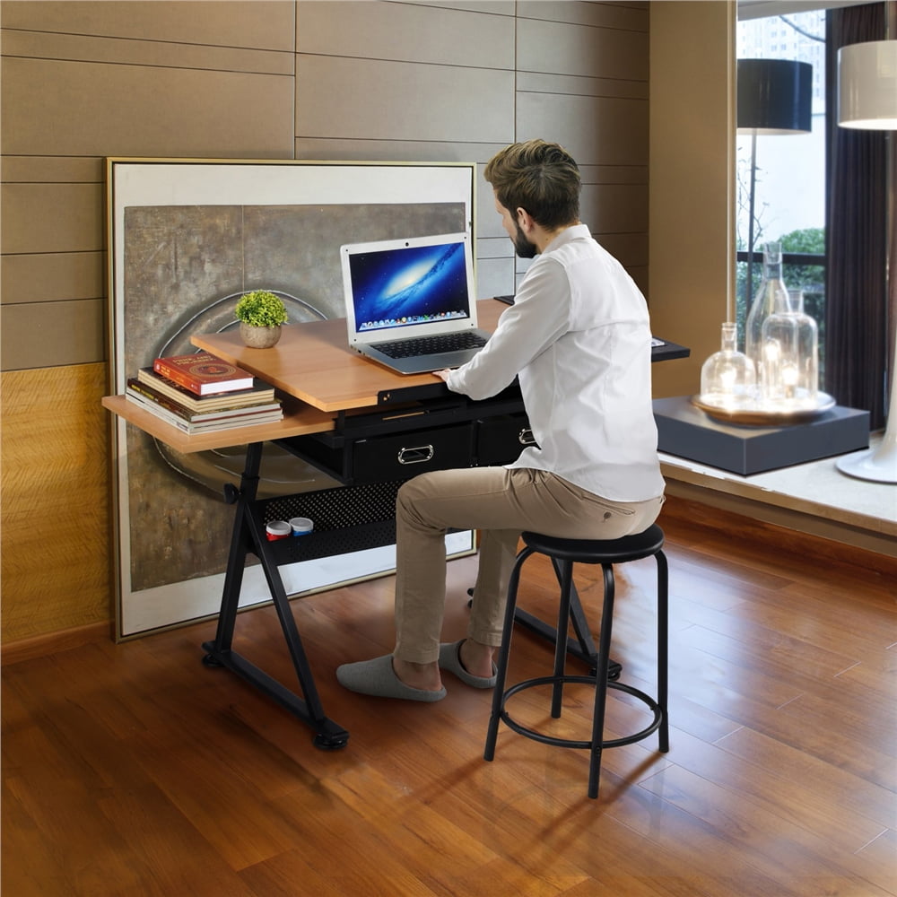 Alden Design Adjustable Drafting Table with Stool, Oak