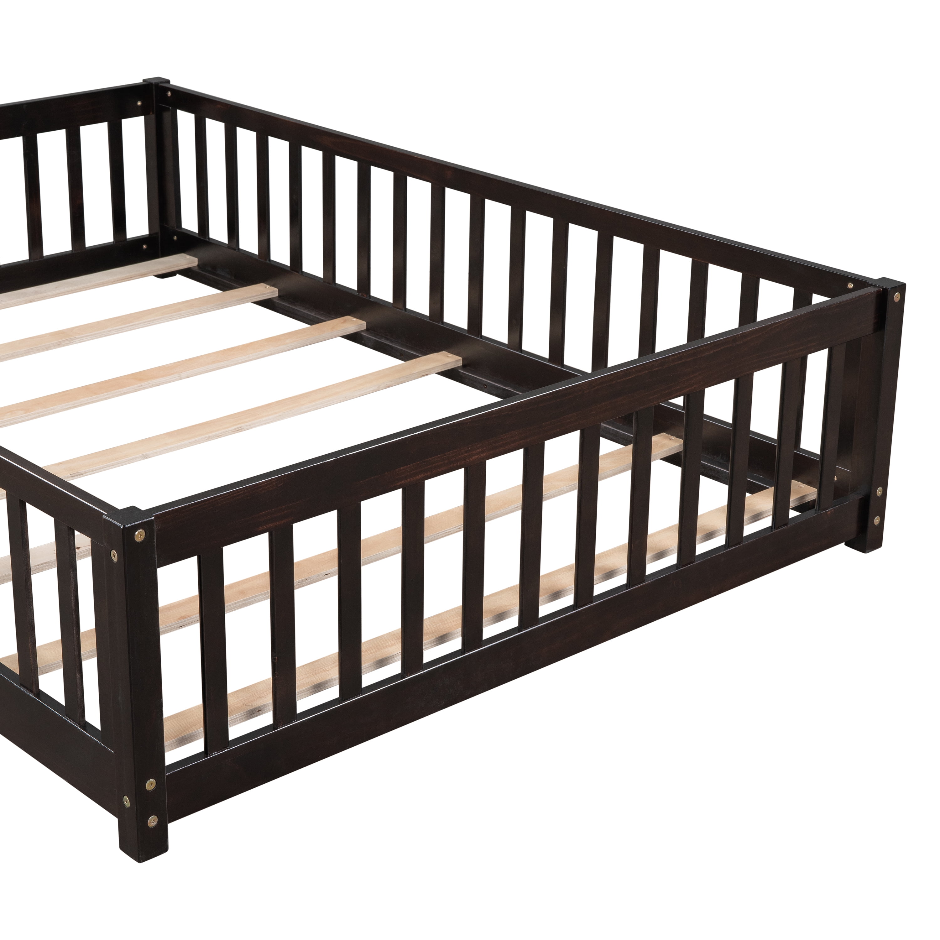 Miniyam Full Kids Floor Bed with Fence Door, Montessori Wood Platform Bed Frame with Slats, Espresso