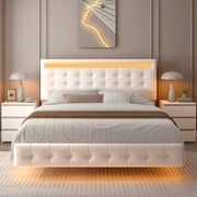 Homfa King Floating Bed with Lights, LED Platform Bed Frame with Under Bed Storage, PU Leather Adjustable Tufted Upholstered Bed, White