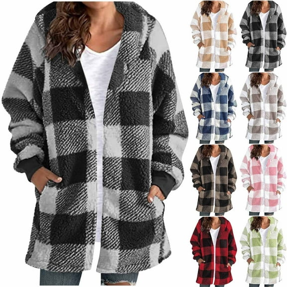 Shadoumai Fleece Jacket Women Trendy Plaid Long Sleeve Fuzzy Hooded Jackets Lightweight Warm Sherpa Winter Fall Coats
