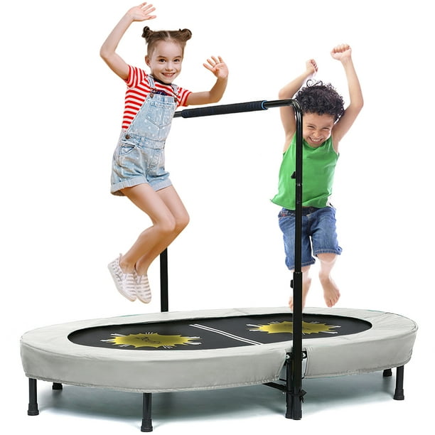 Doufit 56'' Mini Trampoline Adjustable Handle for 2 Kids Toddler, Foldable Jumping Trampoline Indoor Outdoor Workout Gray Max Load 220lb -