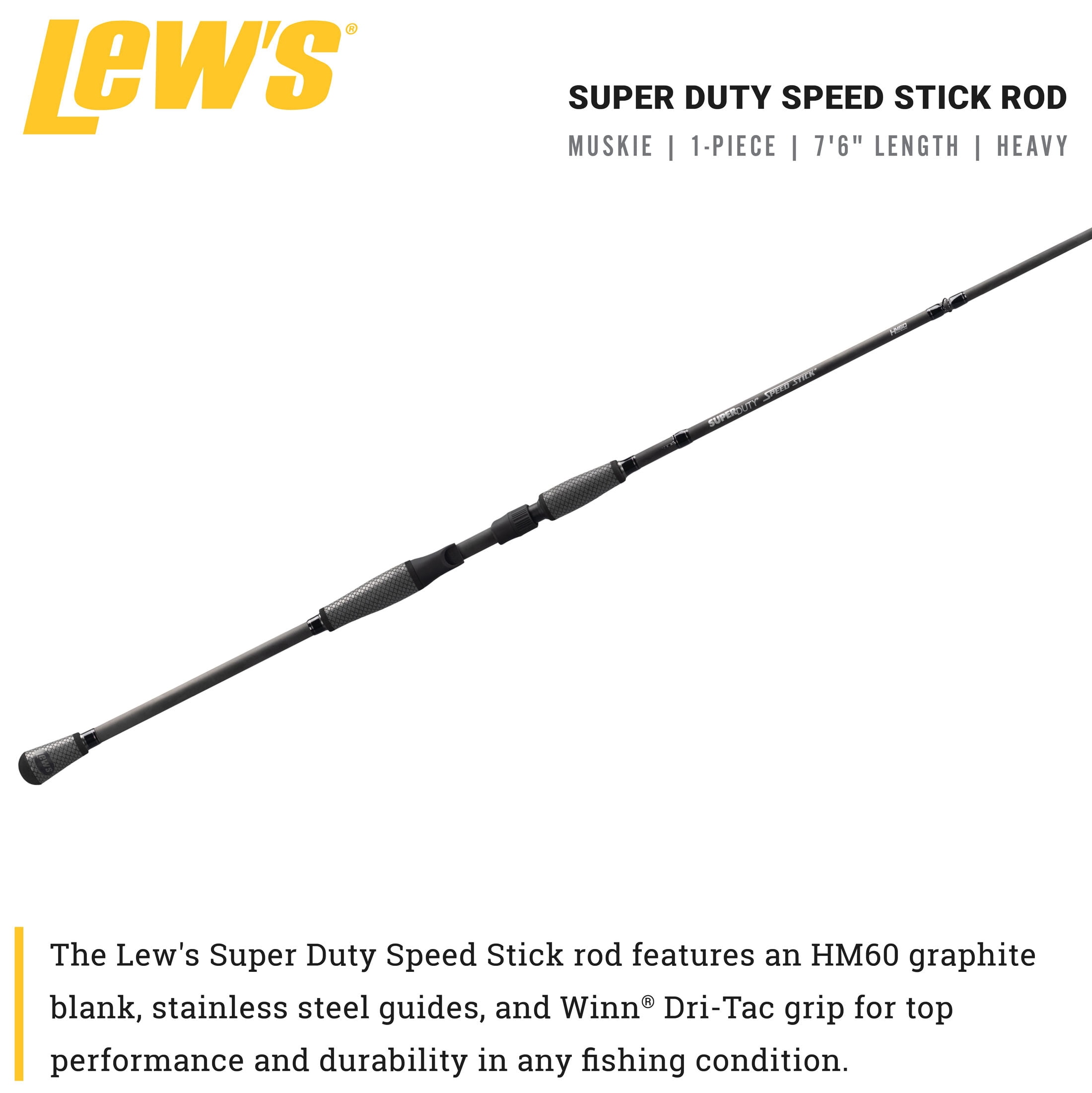 Lew's Super Duty Speed Stick Casting Fishing Rod, 7-Foot 6-Inch, 1-Piece HM60 Graphite Rod with Heavy Power and Fast Action, Winn Dri-Tac Split-Grip, Graphite Skeletal Reel Seat, Black/Gray