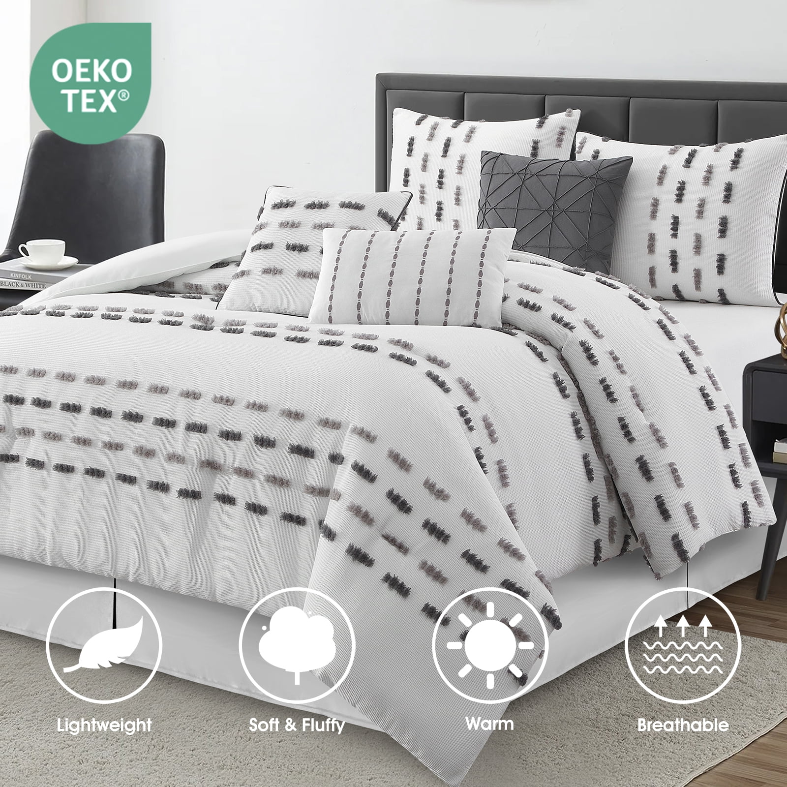 Lanco White Grey Comforter Set King Size , 7 Piece , Clip with Waffle Base Fabric Bedding Set , All Season