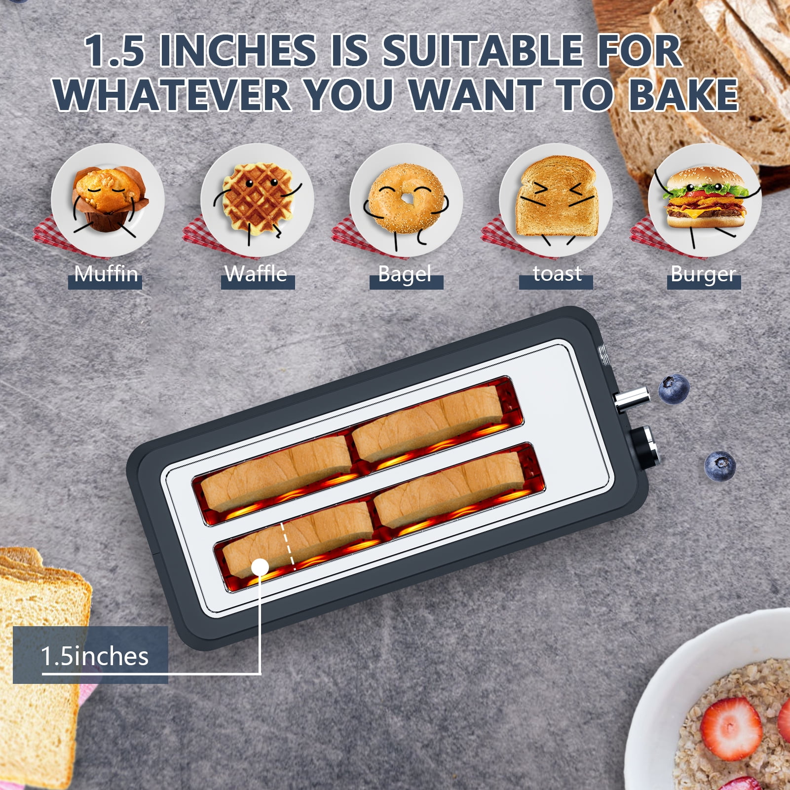 4-Slice Toaster, Extra Wide Long Slot Toaster with Warming Rack, 6 Browning Settings, Bagel/Defrost/Reheat Functions, Removable Crumb Tray, Stainless Steel Housing 1500W, Matte Blue