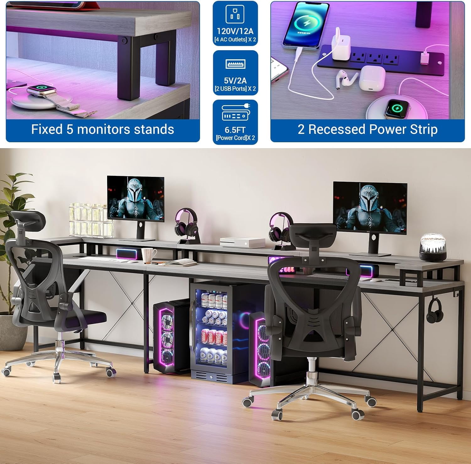 U Shaped Home Office Desk, Reversible L Shaped Gaming Computer Desk With Power Outlets,126 Inch Computer Desk With Monitor Stand and LED Lights,Storage Shelves,Storage Bag and Hooks（Grey Oak）