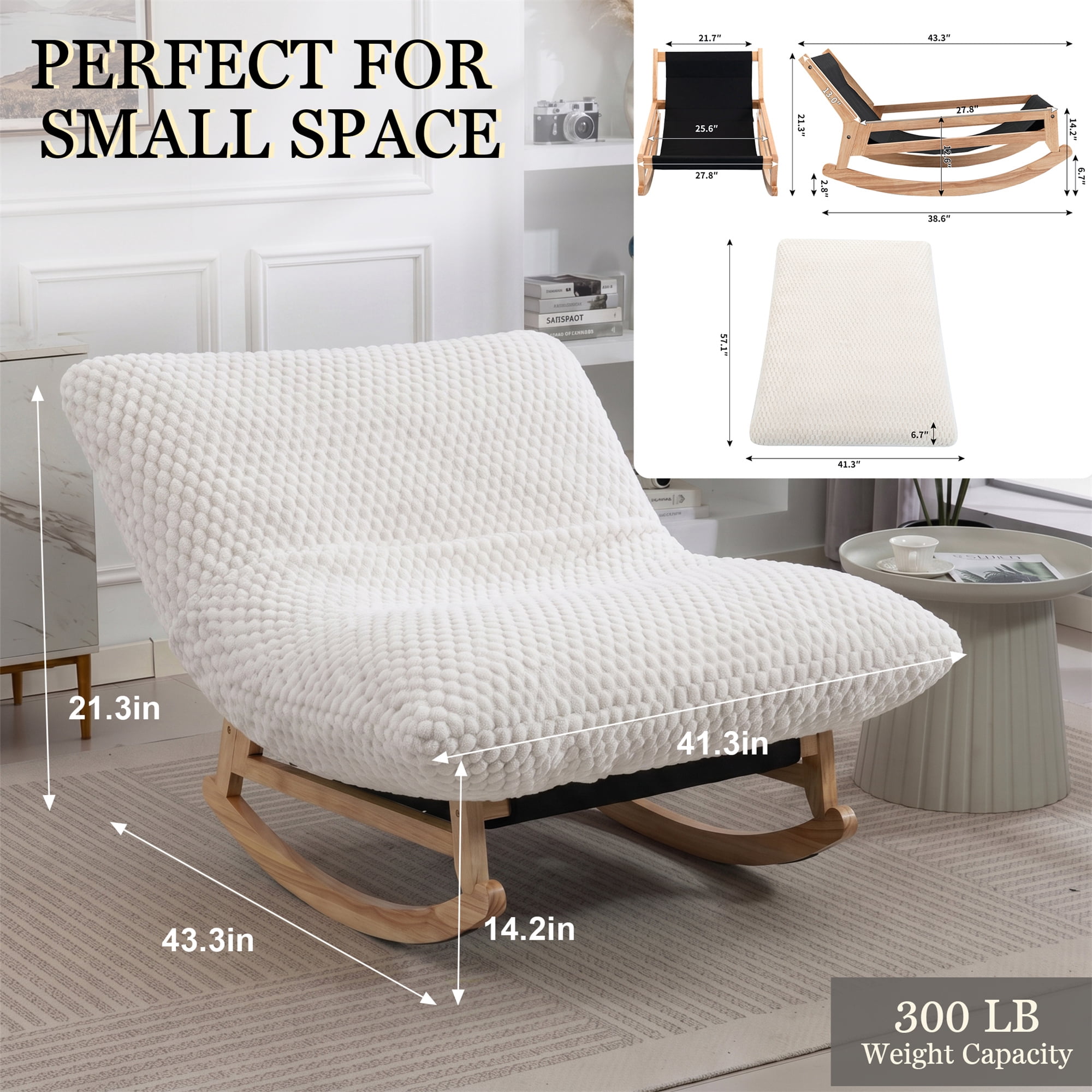 Aukfa 41" Oversized Wooden Rock & Chaise Lounge, 3 in 1 Convertible Glider Sofa Chair for Living Room Bedroom, Plush Cushion, Corduroy, White