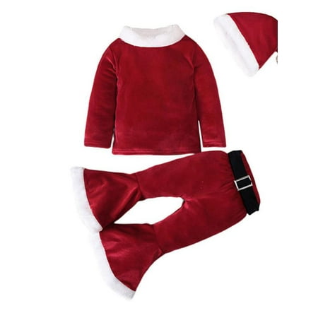 

MarinaVida Toddler Baby Girl Christmas Outfits Velvet Santa Claus Cosplay Pullover+Flare Pants+Hat Set