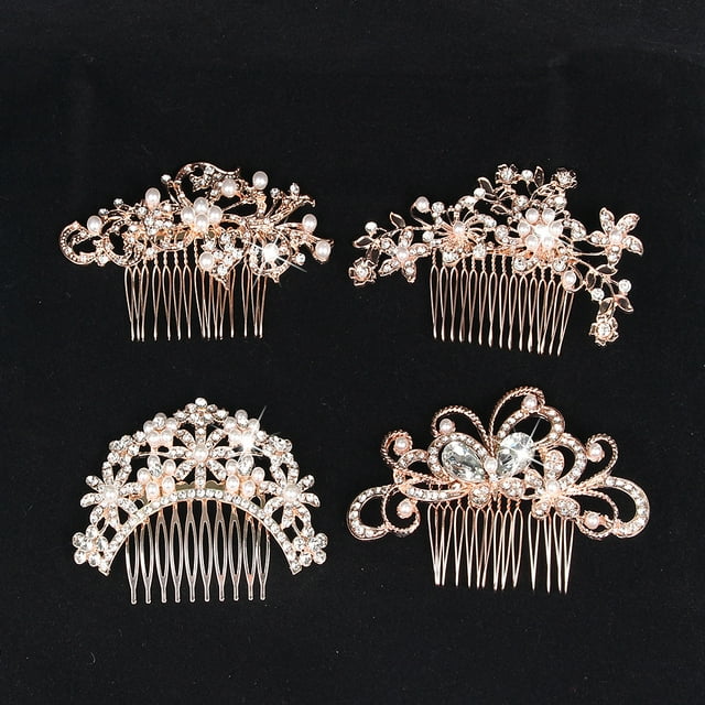 Peineta para el pelo de boda de oro rosa, perlas de diamantes de imitación, peinetas de flores y hojas, piezas de pelo de novia hechas a mano para mujeres y niñas, accesorios para el pelo de boda para novias, 4 piezas Sincero Electrónica