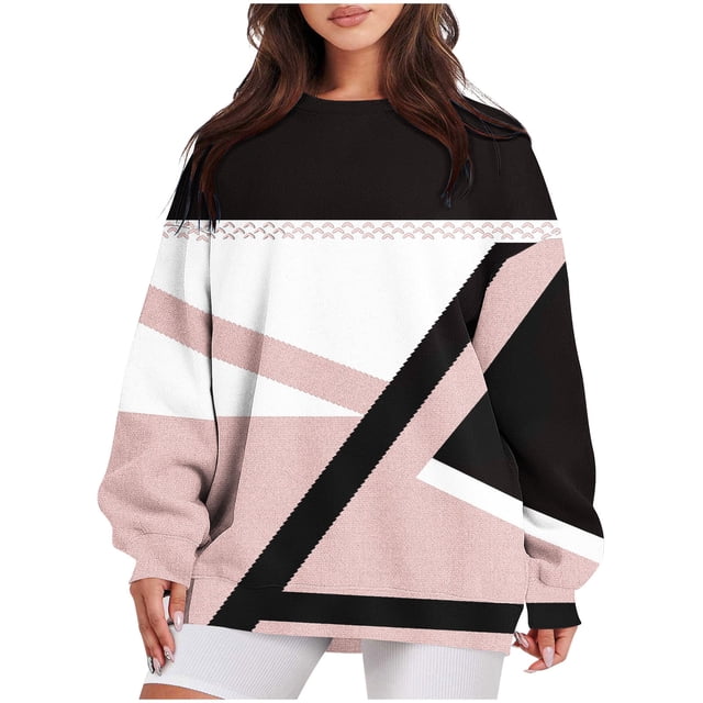 Pisexur Chandail en Molleton pour Femmes, Ourlet Fendu, Col Rond, Manches Longues, Graphique Géométrique, Tendance, Automne, Léger, Chandail à Capuchon, Décontracté, Ample