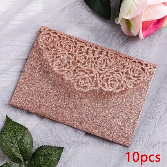 4 Color Glitter Plant Tri-fold Wedding Invitation 10pcs Pocket Invitation Card, Suitable for Wedding, 15th Birthday Party, Bridal Shower, Birthday Party Invitation Decoration Supplies