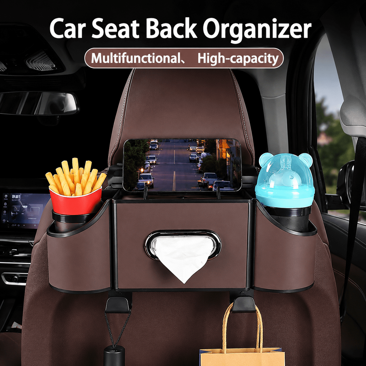 4-in-1 Back Seat Car Organizer with Multi-Pocket Storage & Cup Holders, Universal Fit Backseat Organizer for Travel & Daily Use, BROWN