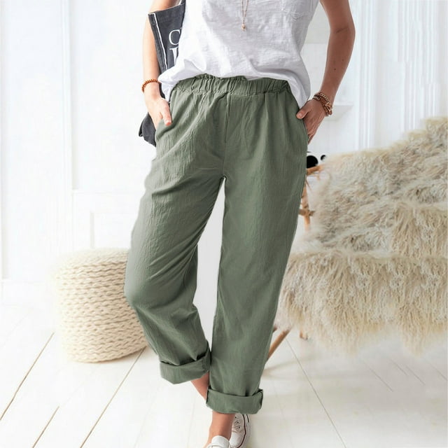 Mikilon Pantalon Droit Confortable pour Femmes, Décontracté, Uni, avec Poches, Taille Élastique