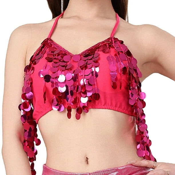 Top corto con borlas para danza del vientre profesional, disfraz de danza del vientre, sujetador con purpurina para mujer Rosa roja