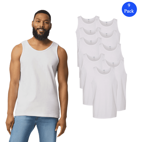 Gildan Sleeveless Tank Top, Classic Fit Bound Neck 100 Cotton Casual Wear Gym Tank, 9 Pack, White, S