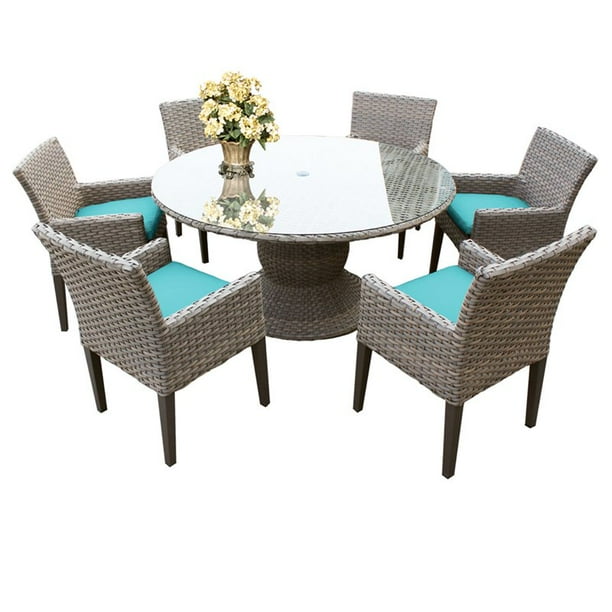 Tk Classics Oasis 7 Pc Round Patio Wicker Dining Set W Cushions In Turquoise Com Tk Classics Oasis 7 Pc Round Patio, Round Resin Wicker Outdoor Dining Table