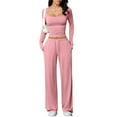 thumbnail image 6 of QATAINLAV Women's 2 Piece Outfits Long Sleeve Square Neck Tops Matching Wide Leg Pants Tracksuits Casual Lounge Sets, Pink, S, Mothers Gifts, 6 of 10