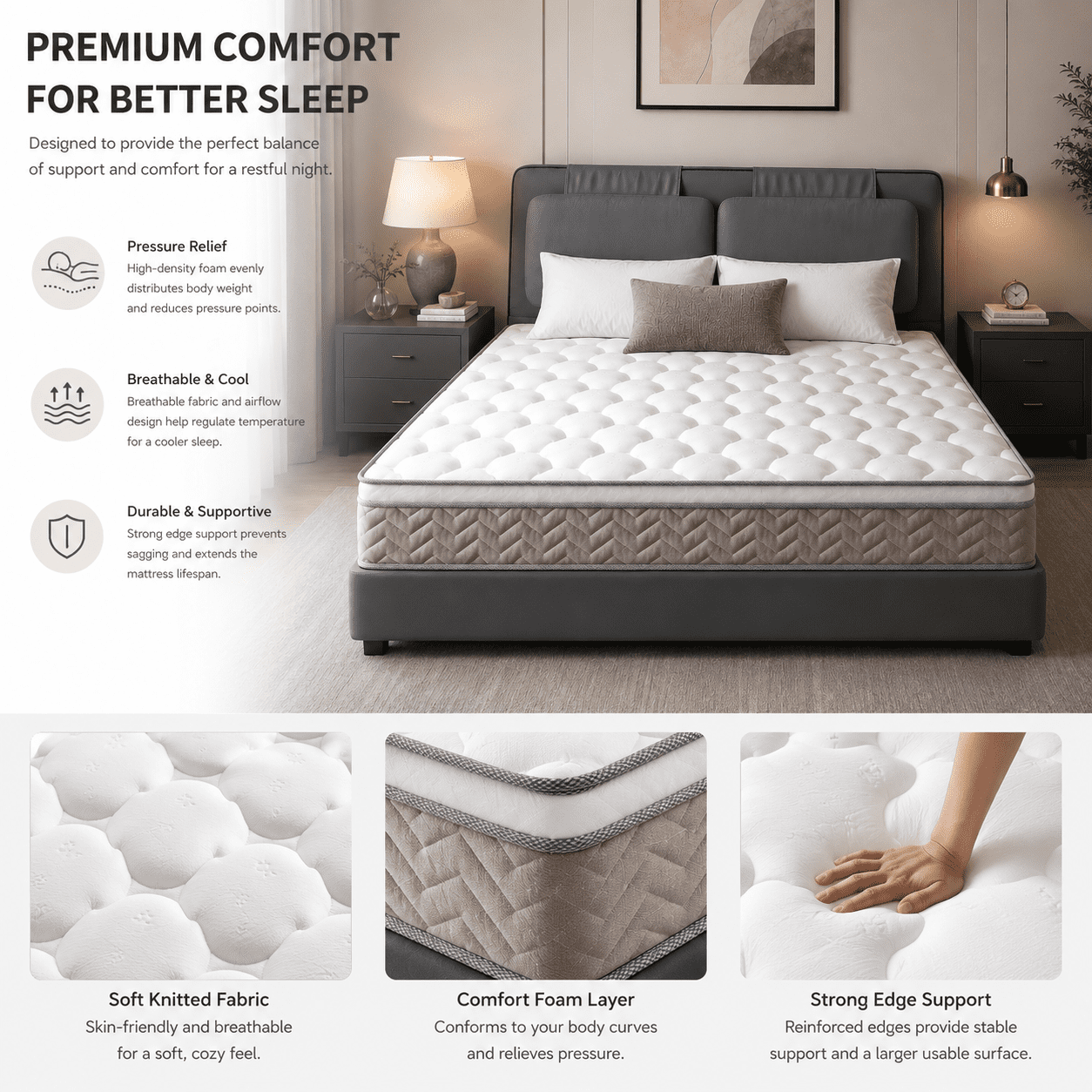 Queen Mattress, 12 Inch Hybrid Mattress in a Box, Zoned Pressure Relief, Individually Wrapped Pocket Coils Innerspring Mattress, Support & Pressure Relief, Medium Firm Feel
