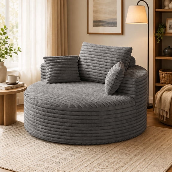 50" Oversized Round Lounge Chair, Corduroy boneless chaise lounge with 2 Pillows, No Assembly Required, Gray
