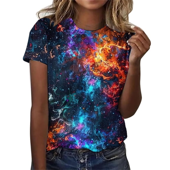 T-Shirts For Women 3D Galaxy Print T Shirts Glitter Shirts Blouse Fashionable Starry Summer Shirts Round Neck Short Sleeve Tops For Carnival Costumes Womens Tops