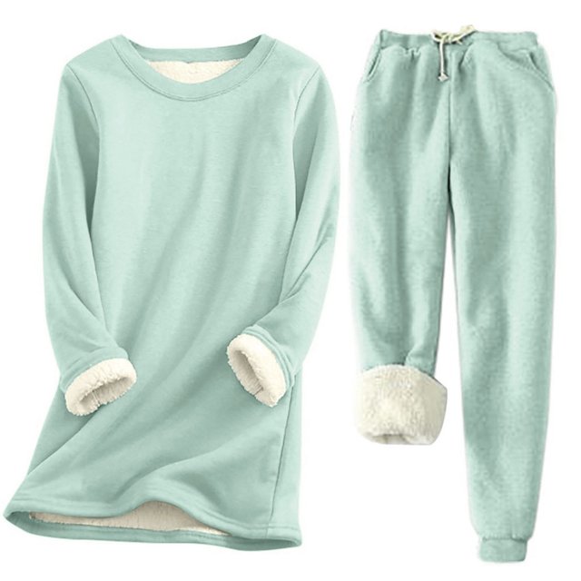 Kcodviy Femmes Automne et Hiver Confortable Décontracté Couleur Unie Col Rond Manches Longues Plus Molleton Chandail de Base Mi-Long Taille Élastique Pantalon Épaissi Coupe Ajustée Ensemble Chaud