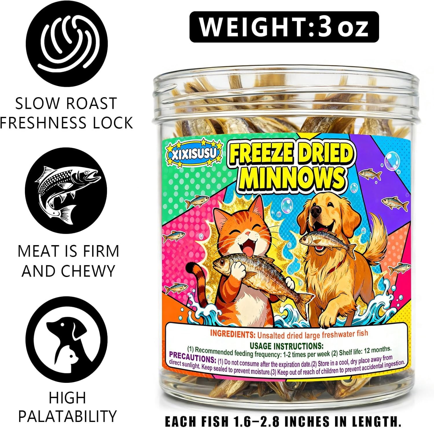 Jumbo Freeze-Dried Minnows 3 oz | Large Size 1.6-2.8 Inch Whole Fish | Natural Protein Snacks for Cats, Dogs, Turtles & Hamsters | Crunchy Treats for Dental Health (3 oz)