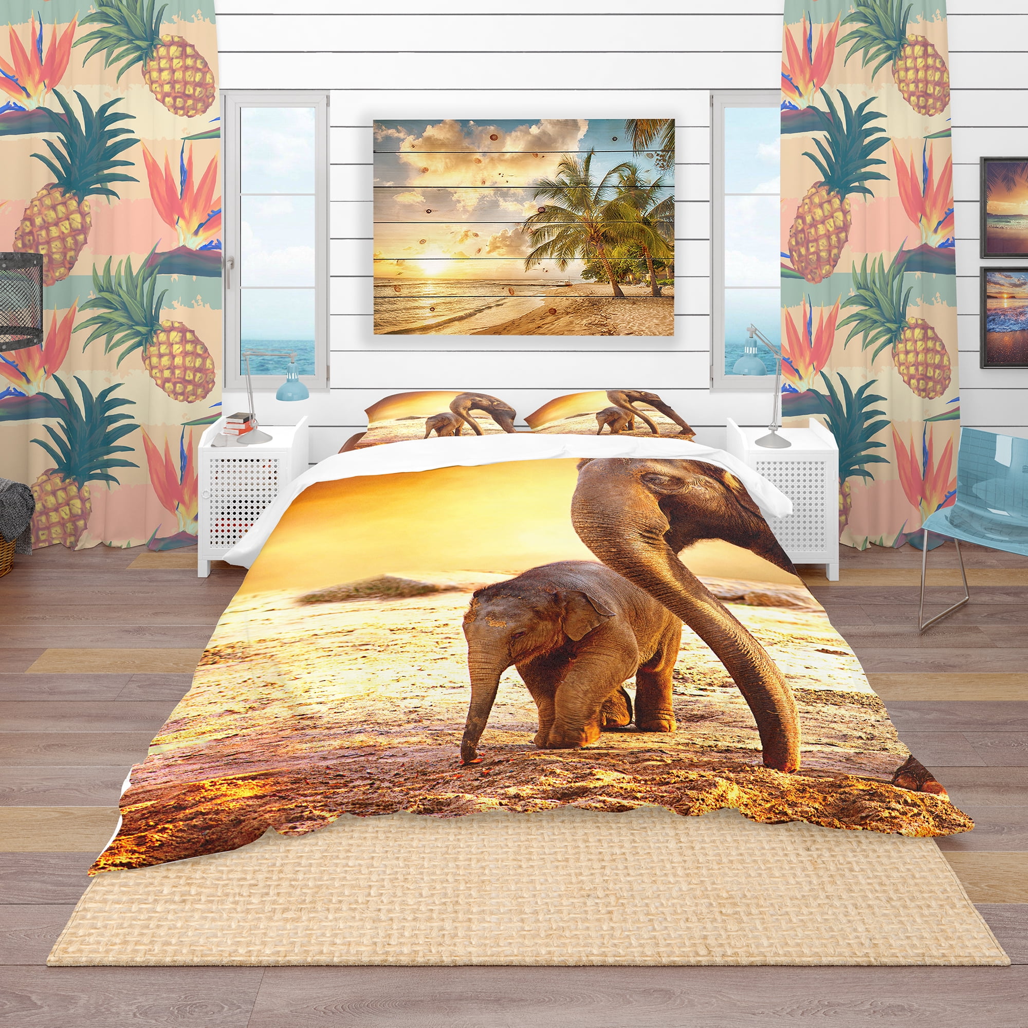 Designart 'Elephant Mother and Baby Outdoors' Tropical Duvet Cover Set