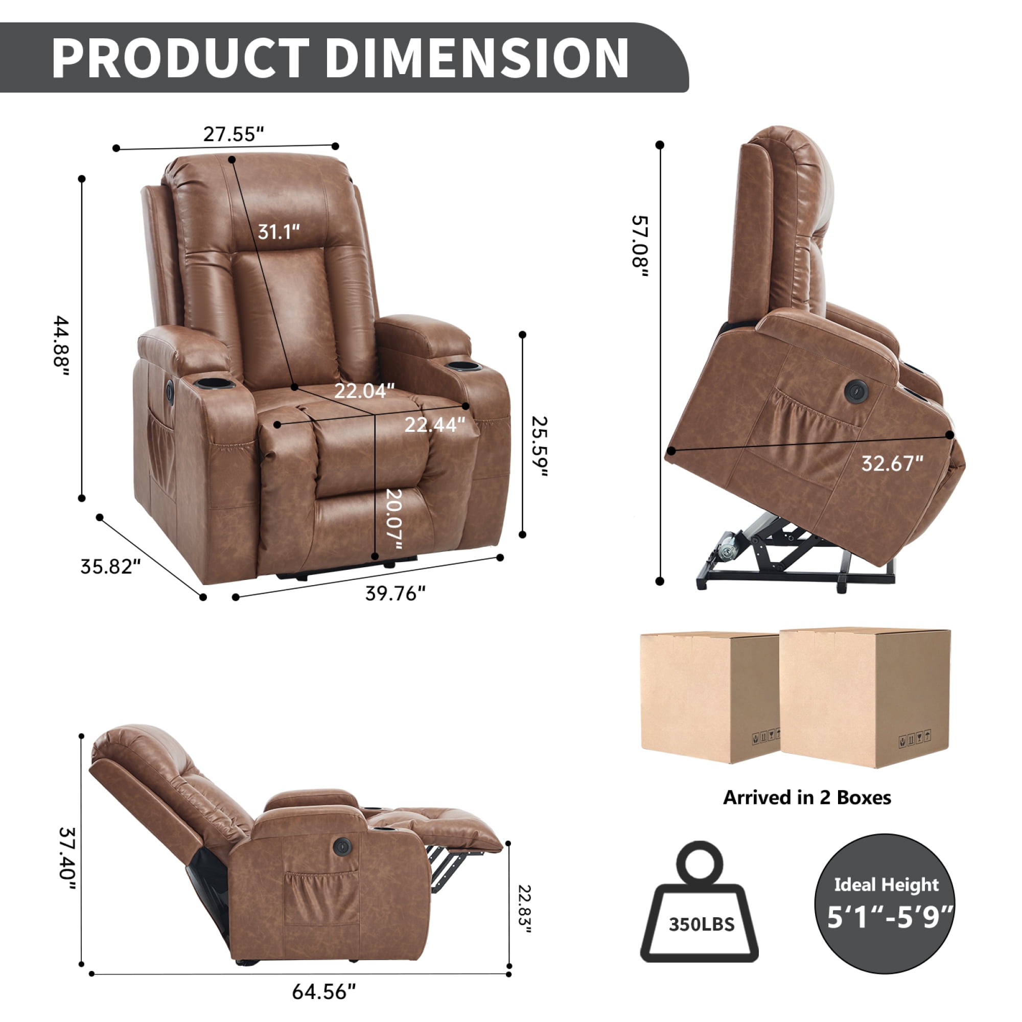 Leumius Large Power Lift Recliner Chair for Elderly,Single Sofa Chair with Massage and Heat,Electric Lift Recliners with Side Pocket and Cup Holders for Living Room,Brown