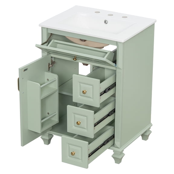 green 24 Inch Bathroom Vanity with Sink, Green Freestanding Vanity Cabinet with Flip-Out Drawer, 3 Drawers & Storage Cabinet, Solid Wood & MDF, Ceramic Sink Top