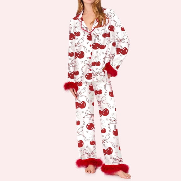 Button Up Pajamas For Women Set Cardigan Bow Graphic Cozy Casual Winter Collar Long Sleeve Button Up Sleepwear Soft 2 Piece Outfits Loungewear Sets Red L